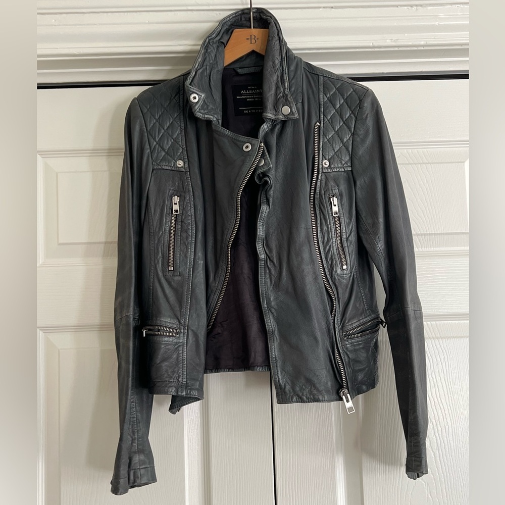 All saints leather moto jacket in grey